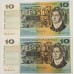 AUSTRALIA 1966 . TEN 10 DOLLARS BANKNOTES . COOMBS/WILSON . ERROR. WET INK TRANSFER . CONSEC PAIR